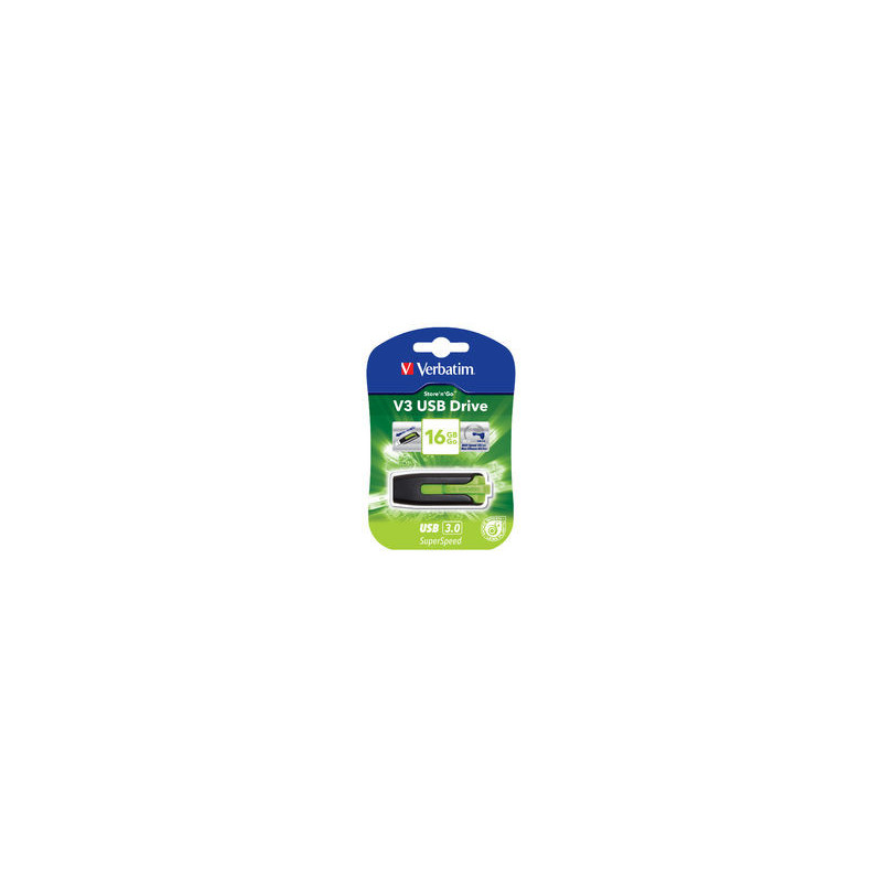 Verbatim 16GB V3 USB3.0 Green Store'n'Go V3: Rectractable USB Storage Drive Memory Stick