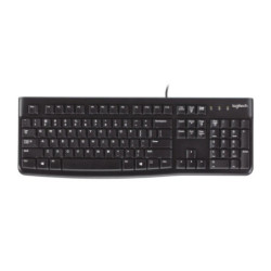 Logitech K120 Wired Keyboard Quiet typing Spill-resistant Durable keys Thin profile Curved space bar Adjustable tilt legs