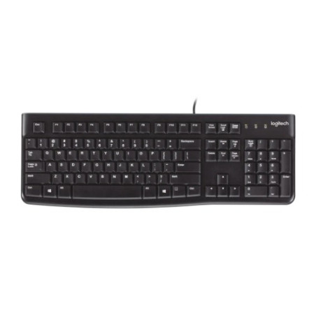 Logitech K120 Wired Keyboard Quiet typing Spill-resistant Durable keys Thin profile Curved space bar Adjustable tilt legs