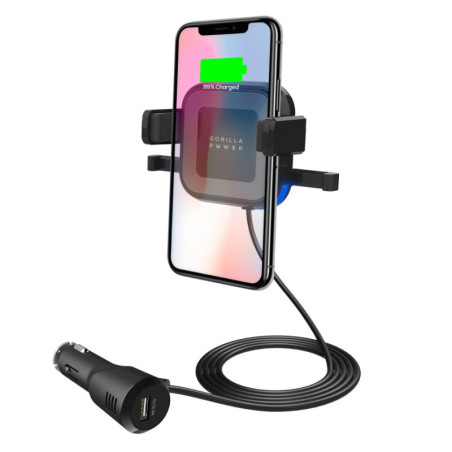 （LS） mbeat® Gorilla Power 10W Wireless Car Charger with 2.4A USB Charging, Air Vent Clip & Windshield Stand Black  Packa