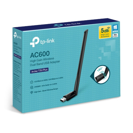 TP-Link Archer T2U Plus AC600 High Gain Wi-Fi Dual Band USB Adapter,433Mbps at 5GHz   200Mbps at 2.4GHz, USB 2.0, 1 high gain