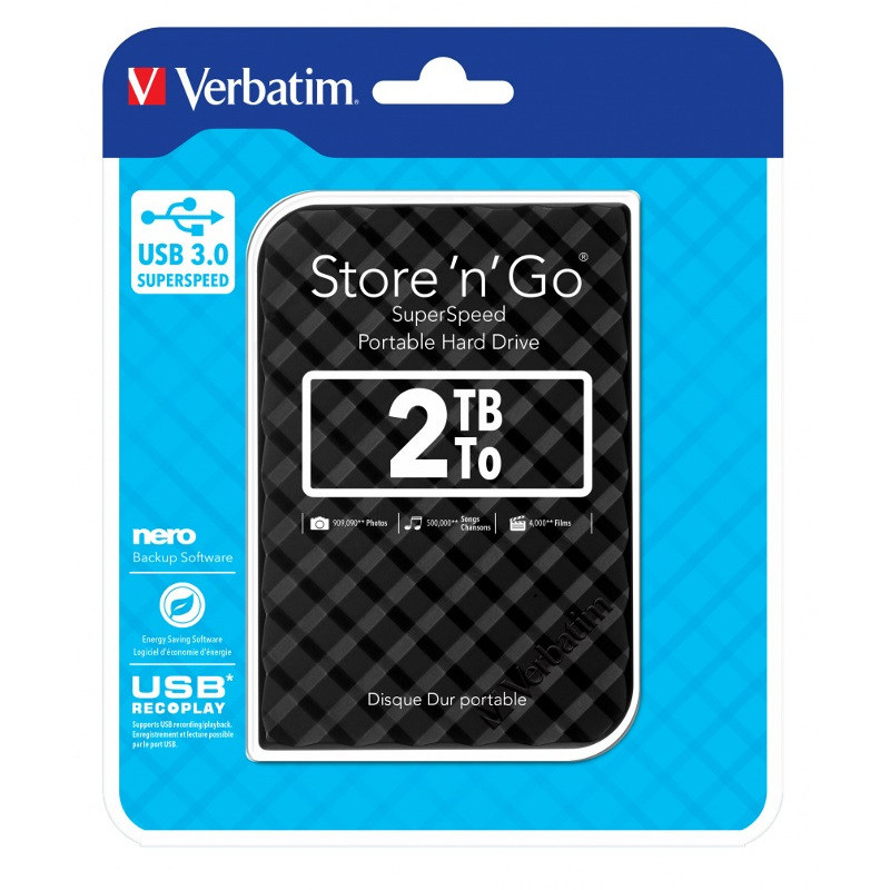 Verbatim 2TB 2.5' USB 3.0 Black Store'n'Go HDD Grid Design, Ultra Portable, High Speed & Capacity. Backup and Store   Nero Ba