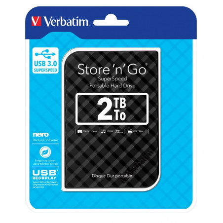 Verbatim 2TB 2.5' USB 3.0 Black Store'n'Go HDD Grid Design, Ultra Portable, High Speed & Capacity. Backup and Store   Nero Ba