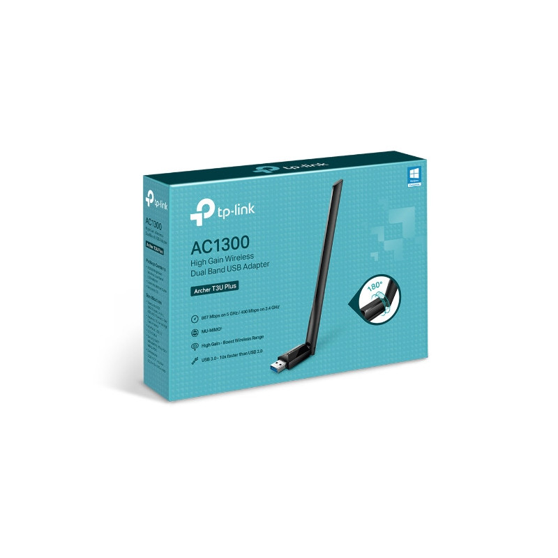 TP-Link Archer T3U Plus AC1300 High Gain Wi-Fi Dual Band USB Adapter,  867Mbps at 5GHz   400Mbps at 2.4GHz, USB 3.0, 1xHigh 