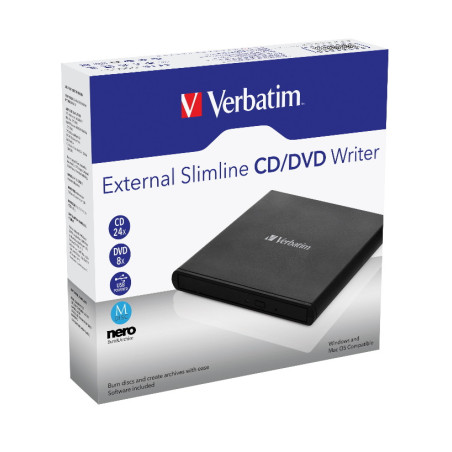 Verbatim External Slimline DVD / CD Writer, Burner, Reader, Player, Ultra Portable for Notebooks, Nero Software, USB Powered 