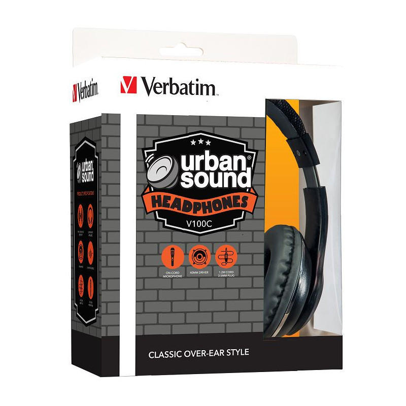 Verbatim Stereo Headphone 3.5mm - Black, Headphones Over-Ear Design, 1.2 Meter Cable Included, Great for Music on Smartphone,