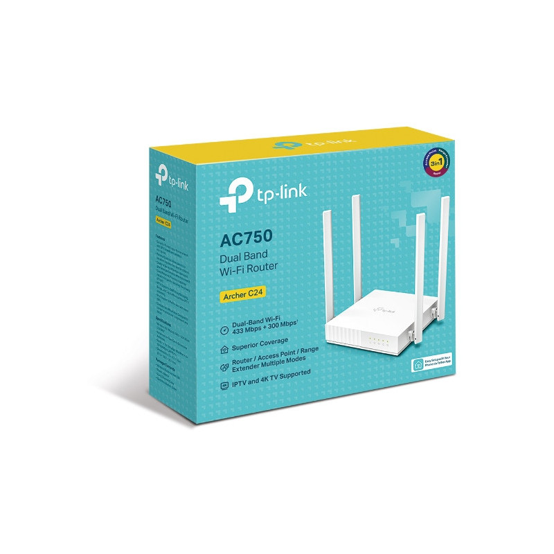 TP-Link Archer C24 AC750 Dual-Band Wi-Fi Router 2.4GHz 300Mbps 5GHz 433Mbps 4xLAN 1xWAN 4xAntennas, WPS, Router Access Point 