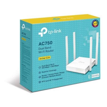 TP-Link Archer C24 AC750 Dual-Band Wi-Fi Router 2.4GHz 300Mbps 5GHz 433Mbps 4xLAN 1xWAN 4xAntennas, WPS, Router Access Point 