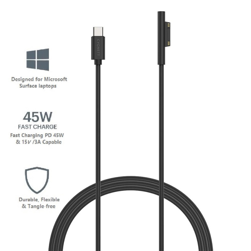 Cygnett Essentials USB-C To Microsoft Surface Laptop Cable (1M) - Black (CY3034USCMS), 45W Fast Charging, Magnetic Connection