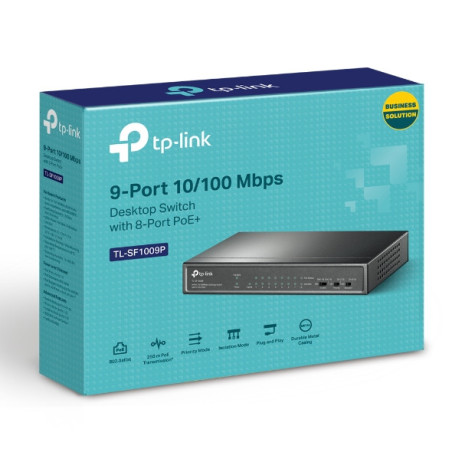 TP-Link TL-SF1009P 9-Port 10/100Mbps Desktop Switch with 8-Port PoE , Up to 65W for 8 PoE ports, Up to 30W for each PoE port