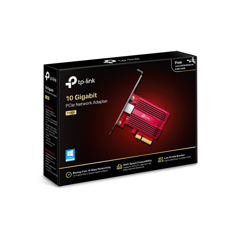 TP-Link TX401 10G 10 Gigabit PCI Express Network Adapter Low-Profile & Full-Height Brackets 1× PCI Express 3.0 x4, 1× RJ45 