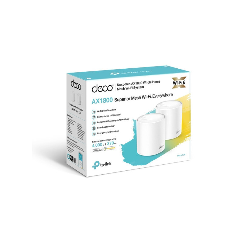 TP-Link Deco X20(2-pack) AX1800 Whole Home Mesh Wi-Fi 6 System, Up To 370 sqm Coverage, WIFI6, 1201Mbps @ 5Ghz, 574Mbps @ 2.4