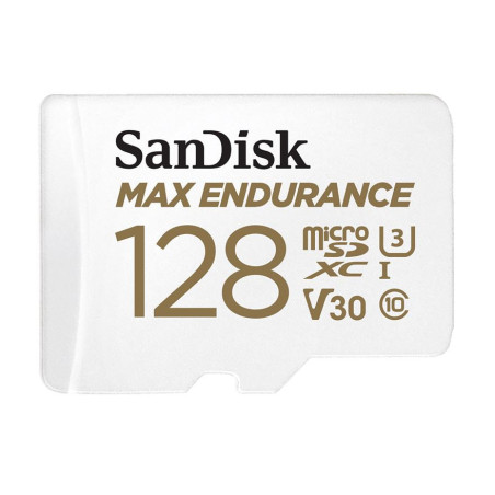 SanDisk Max Endurance 128GB microSD 100MB/s 40MB/s 20K hrs 4K UHD C10 U3 V30 -40°C to 85°C Heat Freeze Shock Temperature Wa