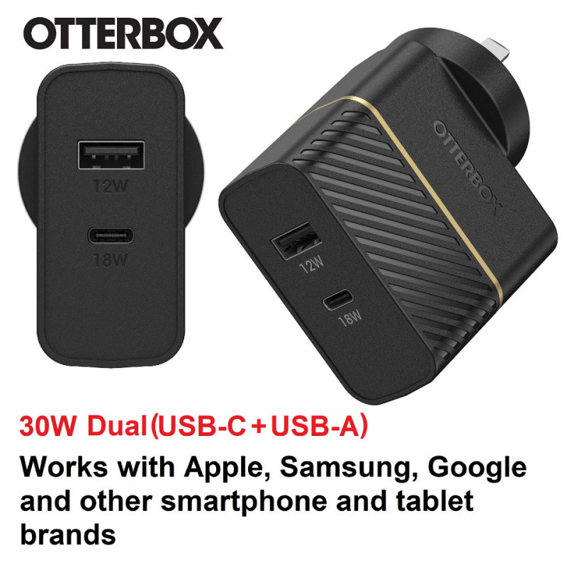 OtterBox 30W Dual Port Premium PD Fast Wall Charger - Black (78-80029), Compact, Drop Tested, Safe & Smart Charging, Best for