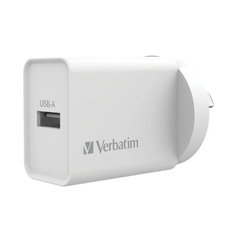 Verbatim USB Charger Single Port 2.4A - White Single Port Wall Charger Rohs, CE, Apple, Android, tablet, Handheld. OC, OV, SS
