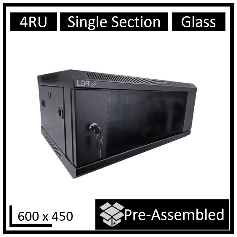 LDR Assembled 4U Wall Mount Cabinet (600mm x 450mm) Glass Door - Black Metal Construction - Top Fan Vents - Side Access Panel