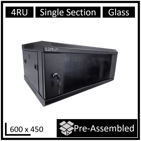 LDR Assembled 4U Wall Mount Cabinet (600mm x 450mm) Glass Door - Black Metal Construction - Top Fan Vents - Side Access Panel