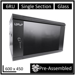 LDR Assembled 6U Wall Mount Cabinet (600mm x 450mm) Glass Door - Black Metal Construction - Top Fan Vents - Side Access Panel