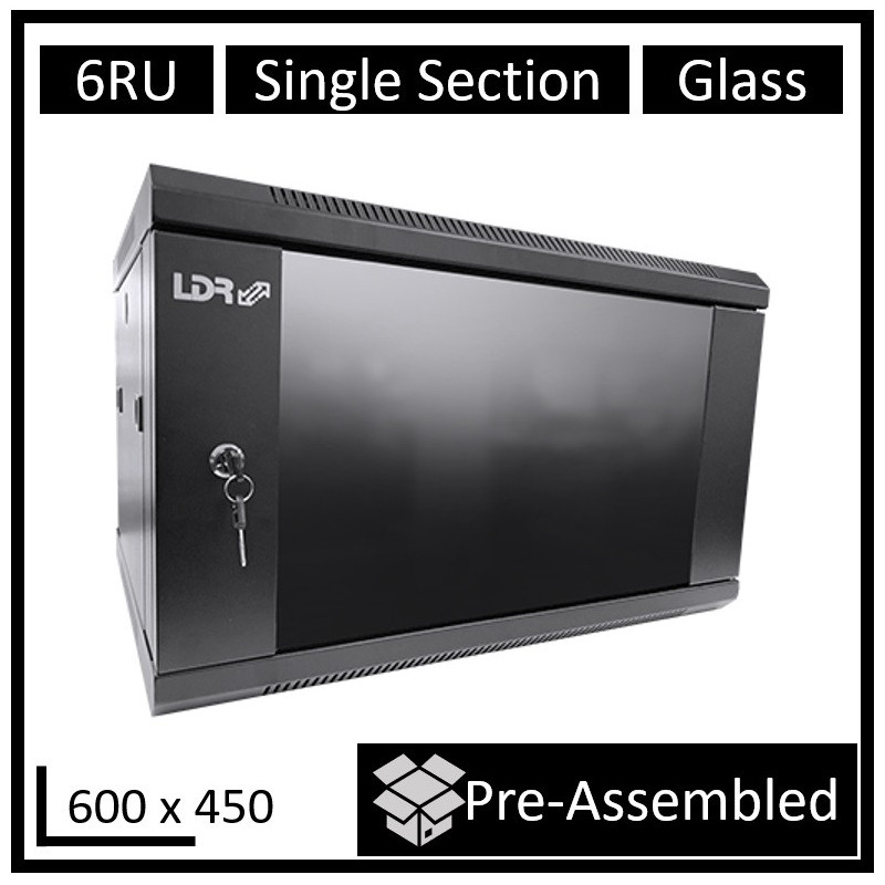 LDR Assembled 6U Wall Mount Cabinet (600mm x 450mm) Glass Door - Black Metal Construction - Top Fan Vents - Side Access Panel