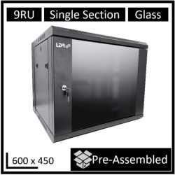 LDR Assembled 9U Wall Mount Cabinet (600mm x 450mm) Glass Door - Black Metal Construction - Top Fan Vents - Side Access Panel