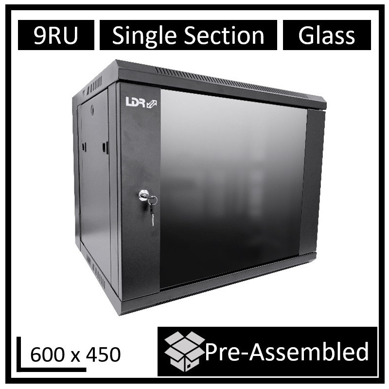 LDR Assembled 9U Wall Mount Cabinet (600mm x 450mm) Glass Door - Black Metal Construction - Top Fan Vents - Side Access Panel