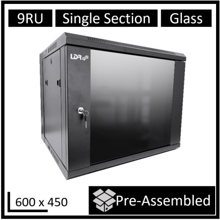 LDR Assembled 9U Wall Mount Cabinet (600mm x 450mm) Glass Door - Black Metal Construction - Top Fan Vents - Side Access Panel