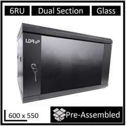 LDR Assembled 6U Hinged Wall Mount Cabinet (600mm x 550mm) Glass Door - Black Metal Construction - Top Fan Vents - Side Acces