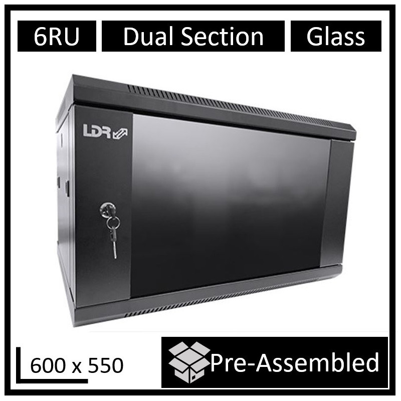 LDR Assembled 6U Hinged Wall Mount Cabinet (600mm x 550mm) Glass Door - Black Metal Construction - Top Fan Vents - Side Acces