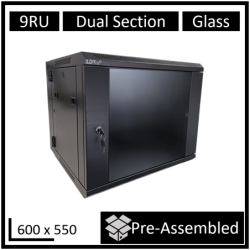 LDR Assembled 9U Hinged Wall Mount Cabinet (600mm x 550mm) Glass Door - Black Metal Construction - Top Fan Vents - Side Acces