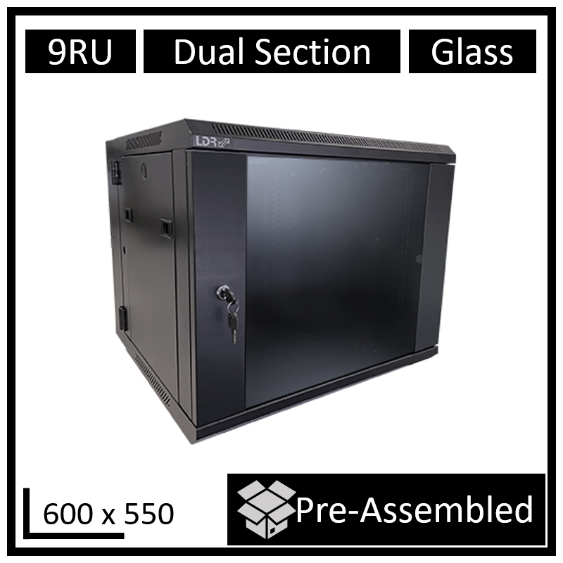 LDR Assembled 9U Hinged Wall Mount Cabinet (600mm x 550mm) Glass Door - Black Metal Construction - Top Fan Vents - Side Acces