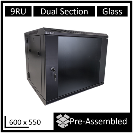 LDR Assembled 9U Hinged Wall Mount Cabinet (600mm x 550mm) Glass Door - Black Metal Construction - Top Fan Vents - Side Acces