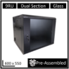 LDR Assembled 9U Hinged Wall Mount Cabinet (600mm x 550mm) Glass Door - Black Metal Construction - Top Fan Vents - Side Acces
