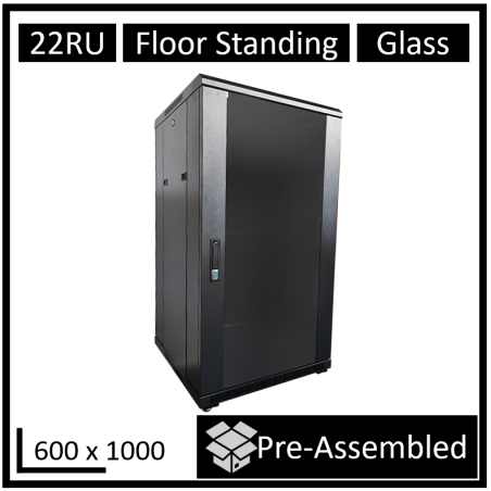 LDR Assembled 22U Server Rack Cabinet (L600mm x W1000mm x H1070mm), Glass Door,1x 8-Port PDU, 1x 4-Way Fan, 2x Fixed Shelves 