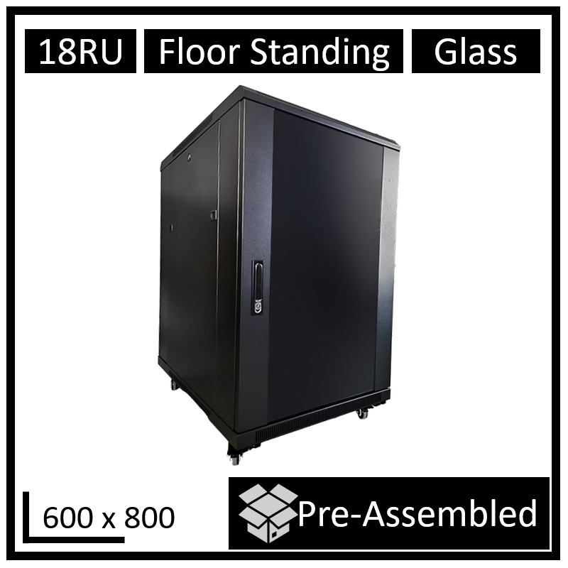 LDR Assembled 18U Server Rack Cabinet (600mm x 800mm) Glass Door, 1x 8-Port PDU, 1x 4-Way Fan, 2x Fixed Shelves - Black Metal