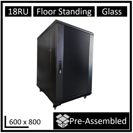 LDR Assembled 18U Server Rack Cabinet (600mm x 800mm) Glass Door, 1x 8-Port PDU, 1x 4-Way Fan, 2x Fixed Shelves - Black Metal