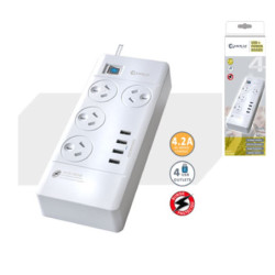 Sansai 4 Outlets & 4 USB Outlets Surge Protected Powerboard Master On/Off switch 1M lead & Right angle plug 230-240VAC IV Ret