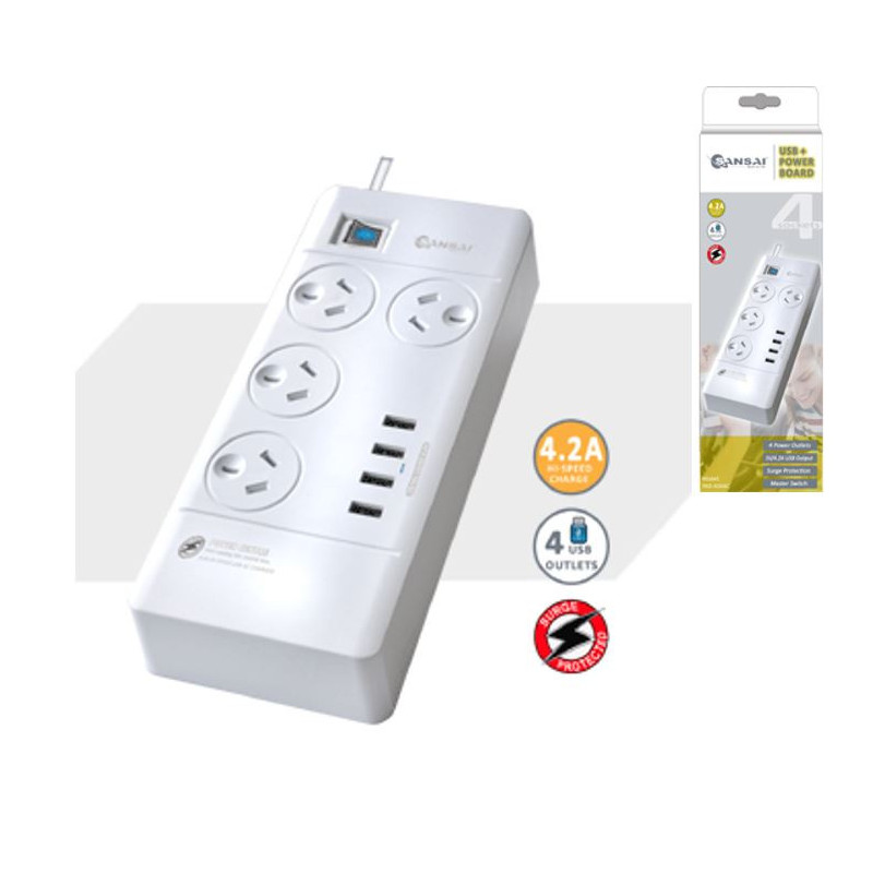 Sansai 4 Outlets & 4 USB Outlets Surge Protected Powerboard Master On/Off switch 1M lead & Right angle plug 230-240VAC IV Ret