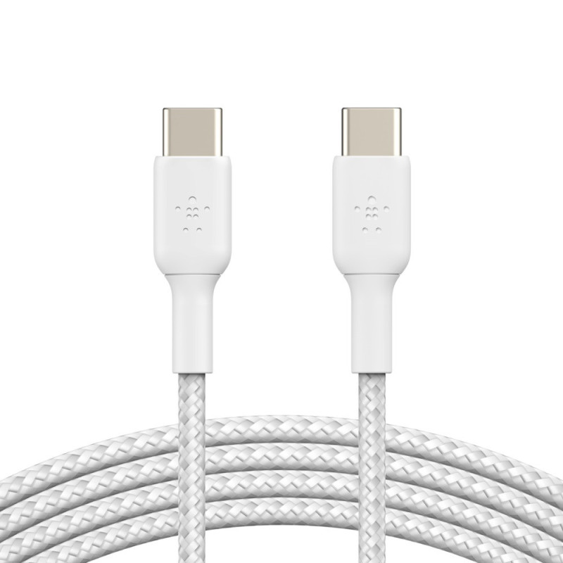 Belkin BoostCharge Braided USB-C to USB-C Cable (1M) - White (CAB004bt1MWH), 3A/60W, 480Mbps, 30K  Bends, Apple, USB-IF Certi
