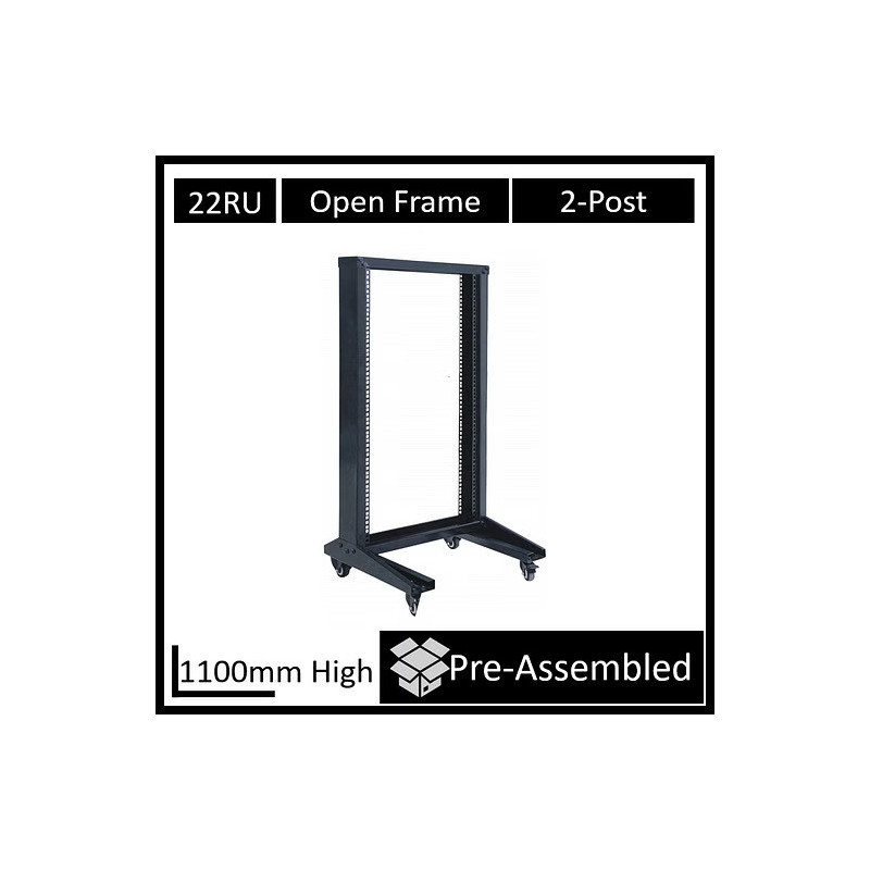 LDR Flat Packed 22U 2-Post Open Frame Rack, Black Metal Construction