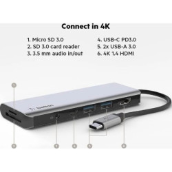 Belkin Connect USB-C 7-in-1 Multiport Hub Adapter - Space Grey (AVC009btSGY), 100W PD, 5 Gbps, 1x 4K HDMI, 2x USB-A, 1x USB-C