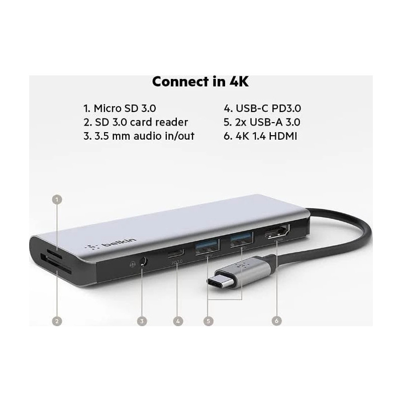 Belkin Connect USB-C 7-in-1 Multiport Hub Adapter - Space Grey (AVC009btSGY), 100W PD, 5 Gbps, 1x 4K HDMI, 2x USB-A, 1x USB-C