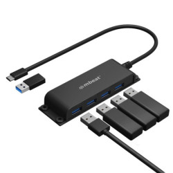 mbeat® Mountable 4-Port USB-A & USB-C Adapter Hub - 60cm Data Cable, USB 3.0, 2.0 High-Speed Data Port Expansion, Save Space