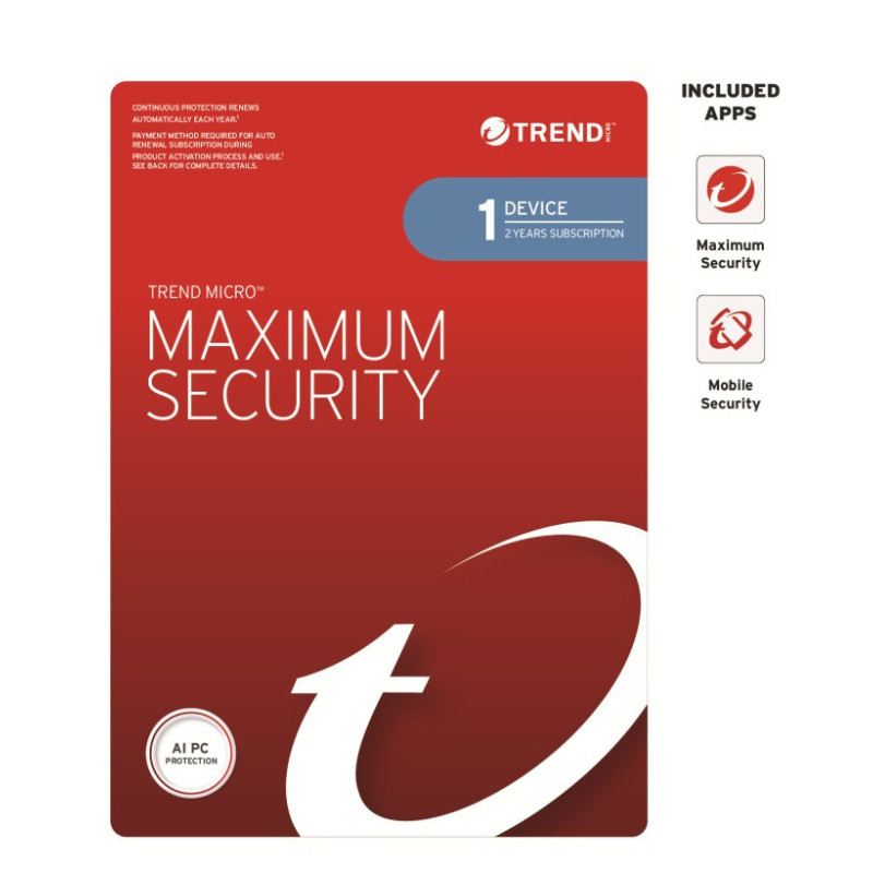 Trend Micro Maximum Security (1 Device) 2 Year Retail Mini Box Auto Renew