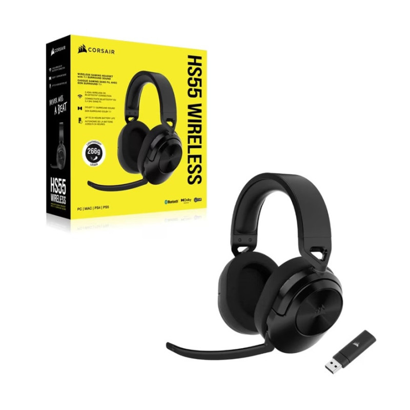Corsair HS55 WIRELESS Gaming Headset- Carbon (AP), 50mm drivers, Dolby 7.1, wireless 50 ft, 24h battery, PC/PS4/PS5, iCUE s