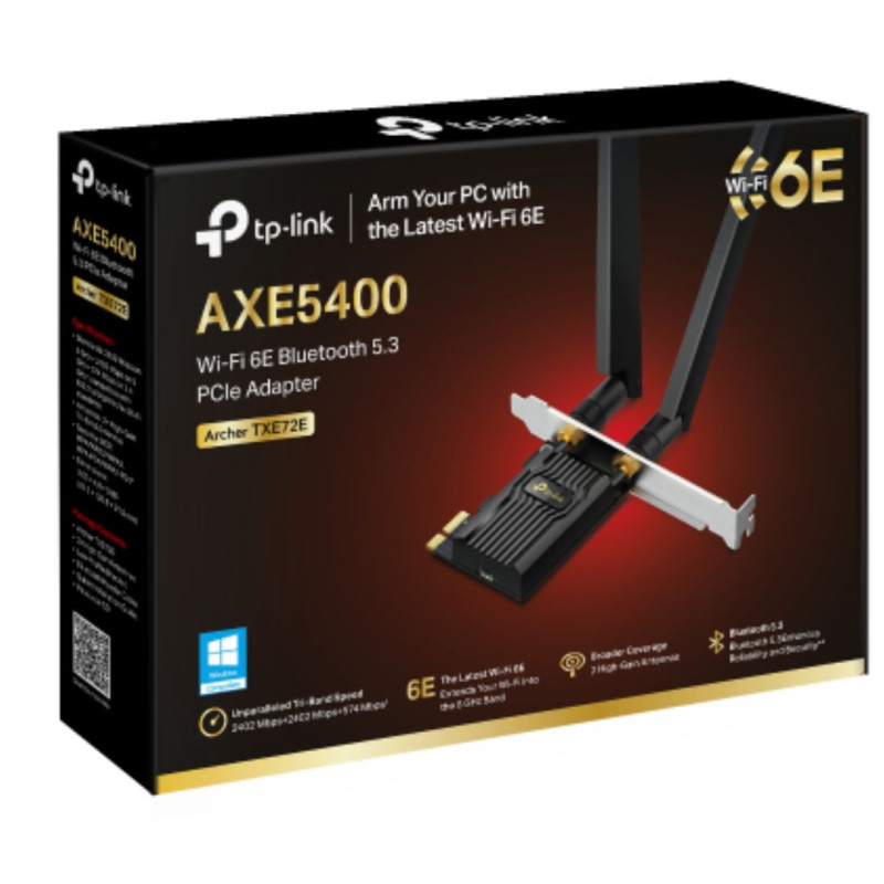 TP-Link Archer TXE72E AXE5400 Wi-Fi 6E Bluetooth 5.3 PCIe Adapter , 2402 Mbps at 6 GHz   2402 Mbps at 5 GHz   574 Mbps at 2.4