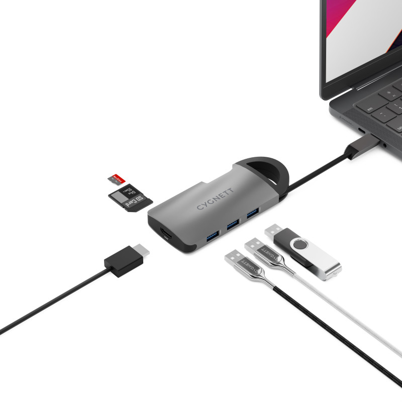 Cygnett Unite 7-in-1 USB-C Multiport Hub Adapter Dock (CY4550HUBC7)3xUSB-A (3.0, 5Gbps) 1xUSB-C(100W)1x4K HDMI (30Hz) 1xSD 1x