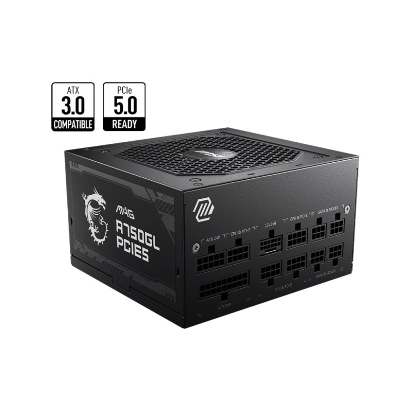 MSI MAG A750GL PCIE5 750W Up to 90% (80 Plus Gold) ATX Power Supply Unit, PFC, 100~240 VAC, 750W, 47-63Hz, PCI-E, SATA, FDD