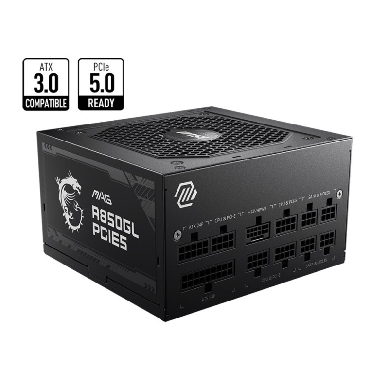 MSI MAG A850GL PCIE5 850W Up to 90% (80 Plus Gold) ATX Power Supply Unit, PFC, 100~240 VAC, 850W, 47-63Hz, PCI-E, SATA, FDD