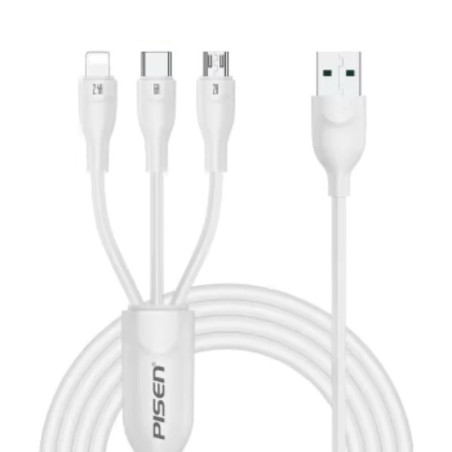 Pisen 3-in-1 USB-A to Lightning   USB-C   Micro-USB Cable (1.2M) White - 6A Superfast, Samsung Galaxy,Apple iPhone,iPad,MacBo