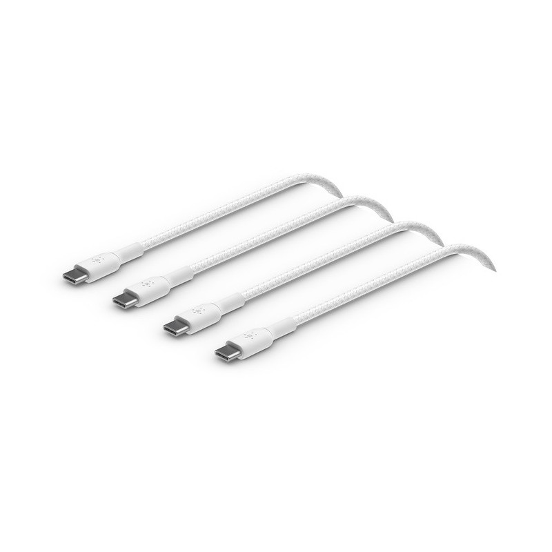 Belkin BoostCharge Braided USB-C to USB-C Cable (1M) (Pack of 2) - White (CAB004bt1MWH2PK), 3A/60W, 480Mbps, 30K  Bends, Appl